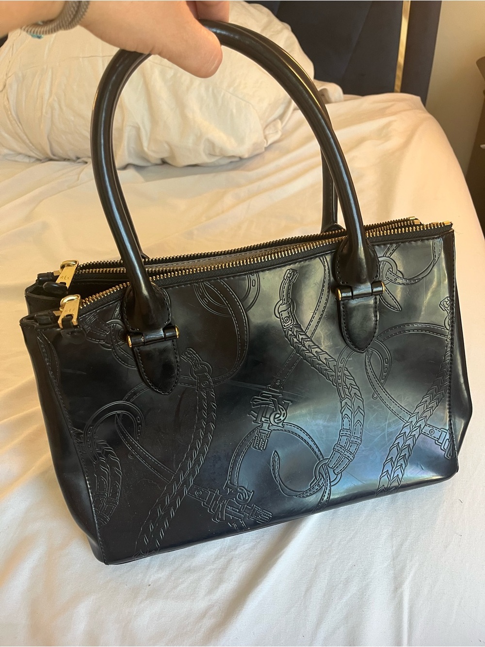 Ralph Lauren Black Embossed Leather Double-Handle Satchel - Picture 2 of 12